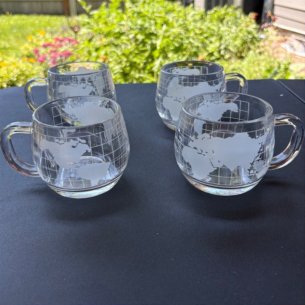 Vintage Nestle‎ Co Inc Etched World Map Globe Glass Coffee Mugs Set of 4 Clear